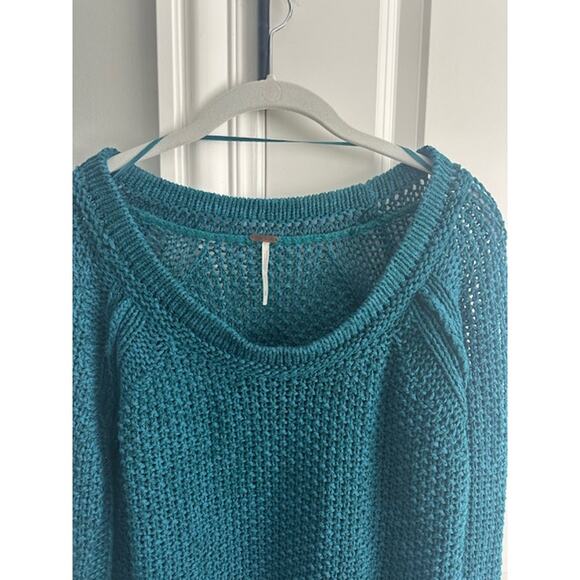 Free People Chunky Knit Wide-Neck Pullover Sweater Size: Small Color: Teal - Picture 4 of 10